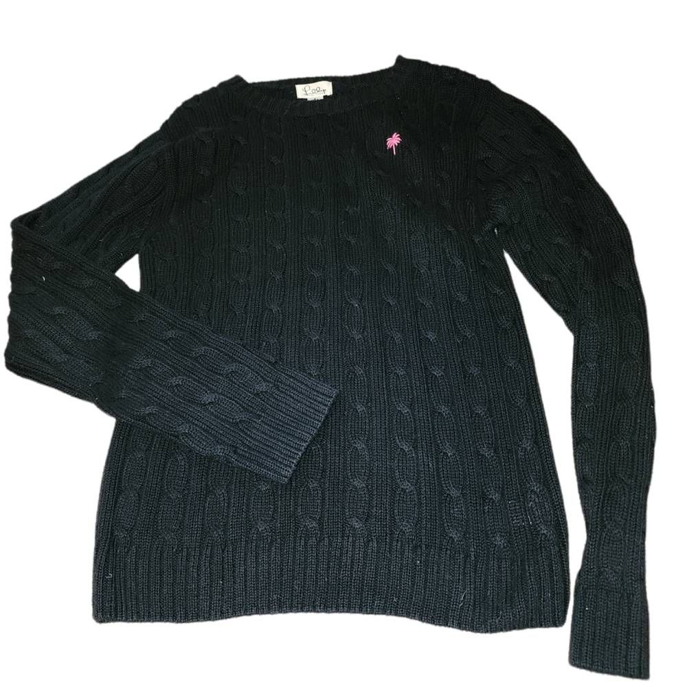 Lilly Pulitzer Small black cable stitch crew neck sweater pink palm tree.